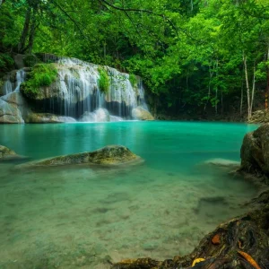 Beautiful and Breathtaking green waterfall Erawans waterfall Located Kanchanaburi Province Thailand Dernière Chance