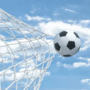 3d rendering of a football ball flying away from inside the gate net and tearing it Réduction