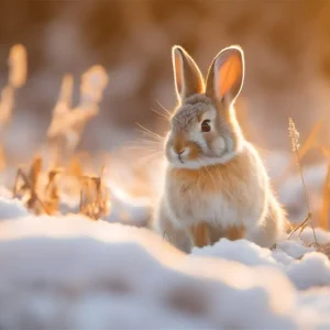 A rabbit lit by the sunrise on a snowy field Jusqu'à Épuisement Des Stocks
