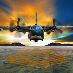 Achat Immédiat Military plane landing on airforce runways against beautiful dus