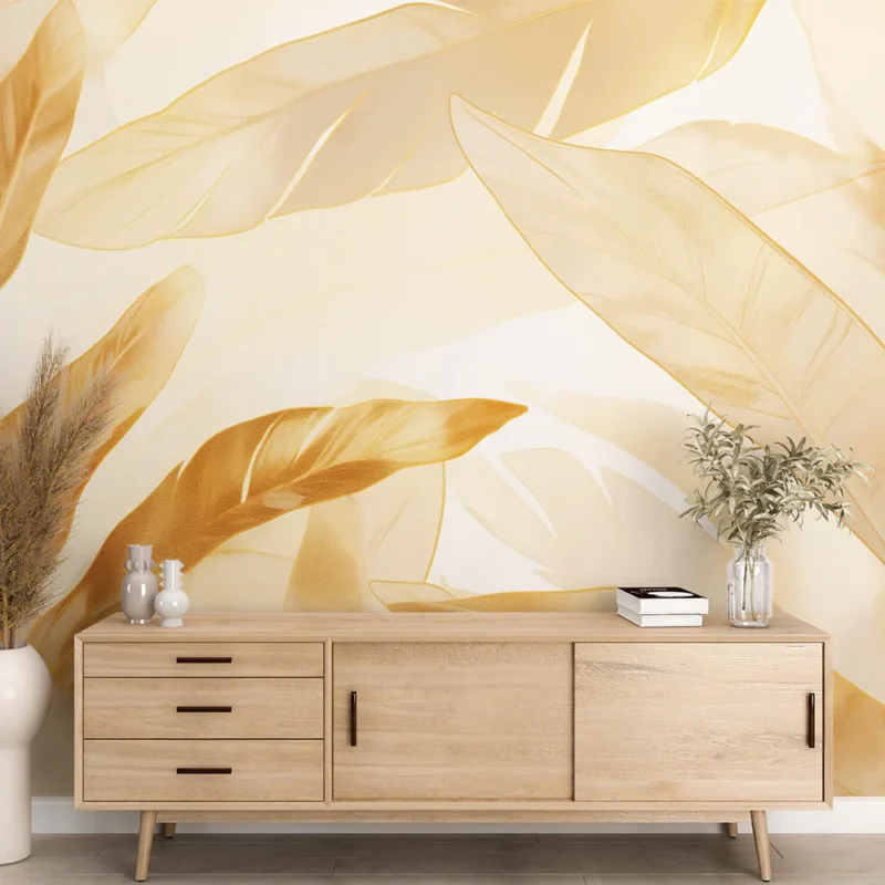 Achat Immédiat Papier peint blanc et or Grandes feuilles dorées