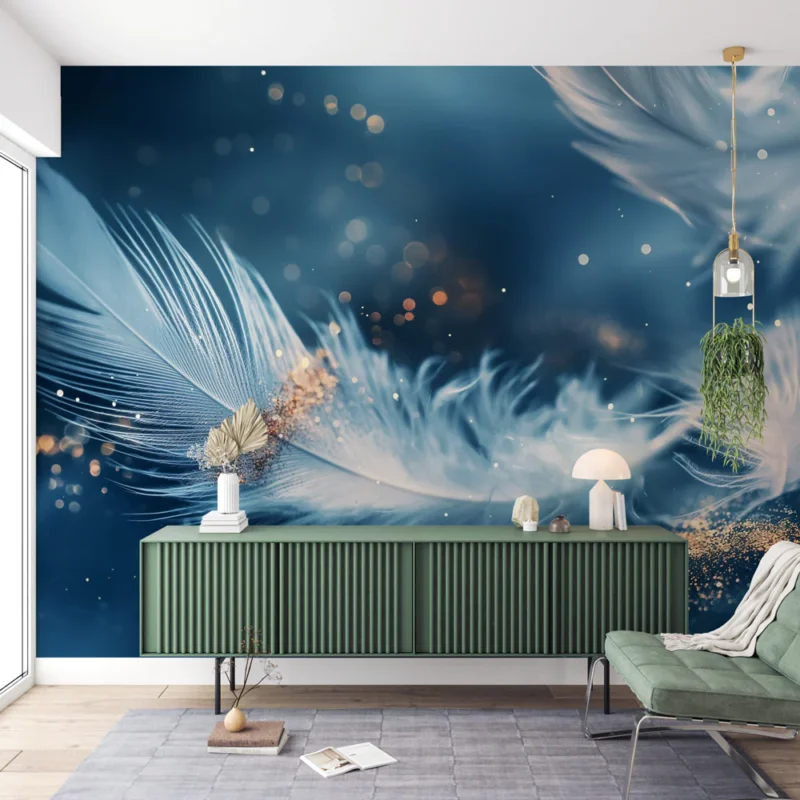 Achat Immédiat Papier peint plume Plume sur fond bleu avec de la poussière dorée