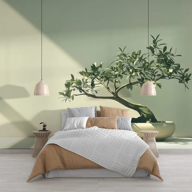 Achat Immédiat Papier peint zen Bonsaï sur fond vert olive