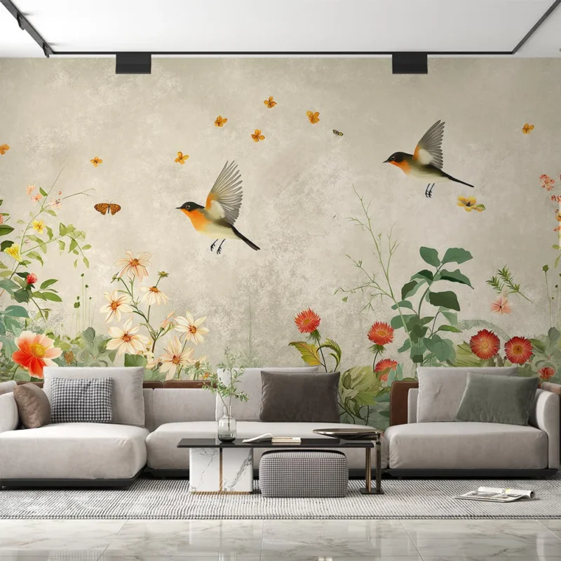 Acheter Direct Papier peint oiseau Rouges gorges et fleurs