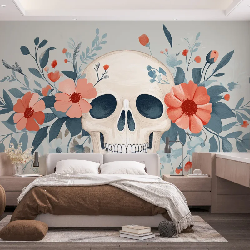 Achat Immédiat Papier peint tête de mort Coquelicots pastel