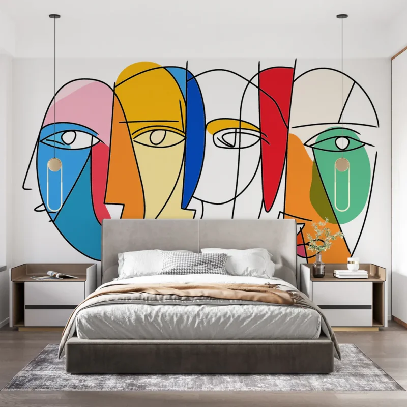 Achat Immédiat Papier peint abstrait coloré Quatre visages sur fond blanc