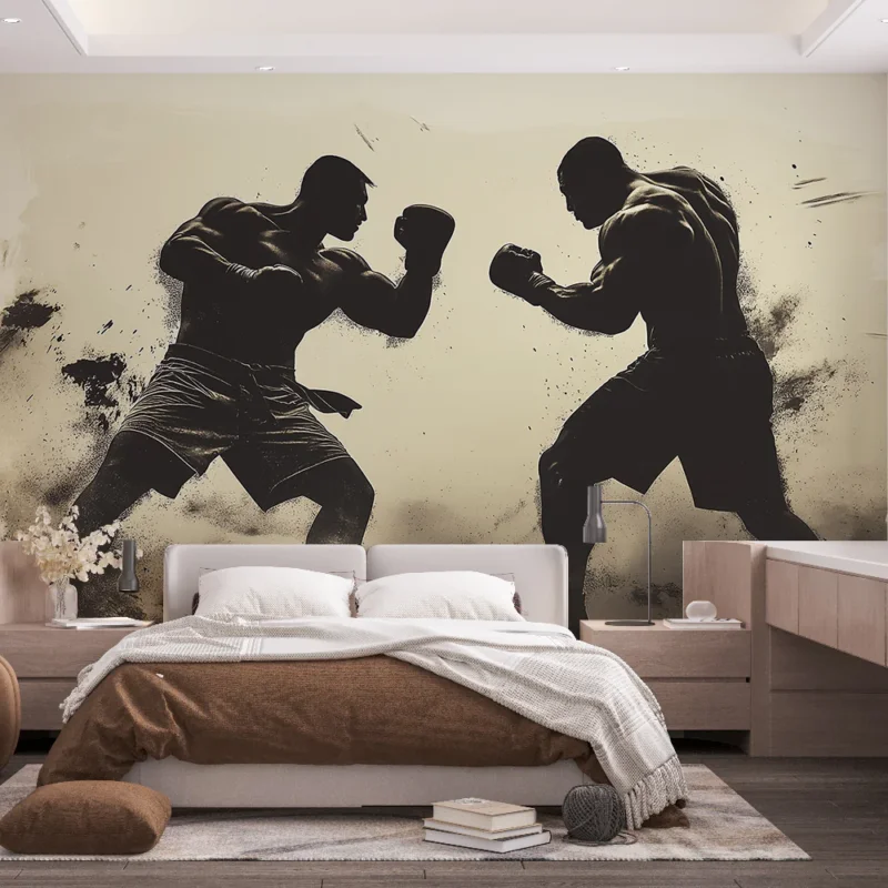 Promotion Saisonnière Papier peint boxe Deux boxeurs et fond beige