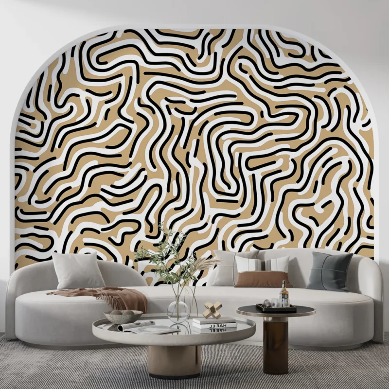 Papier peint panoramique abstrait Labyrinthe beige noir et blanc Seulement Aujourd'hui