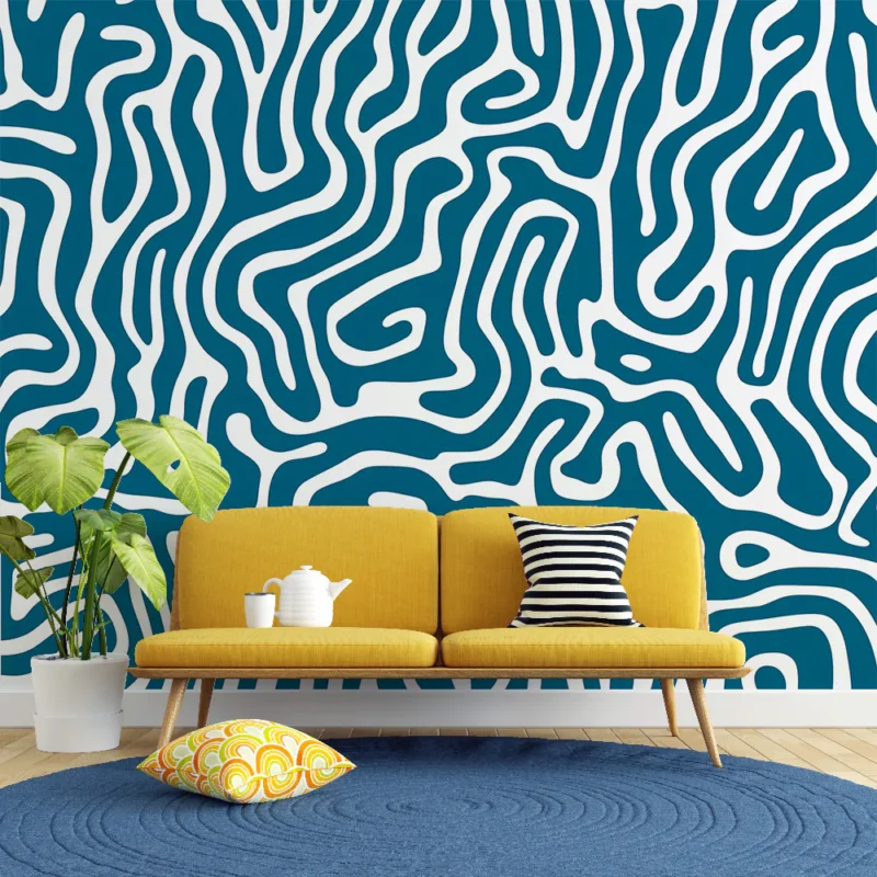 Produit De Marque Papier peint panoramique abstrait Labyrinthe bleu azur et blanc
