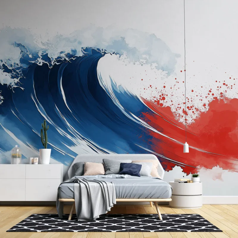 Promotion Papier peint vague Dessin en dualité bleu et rouge