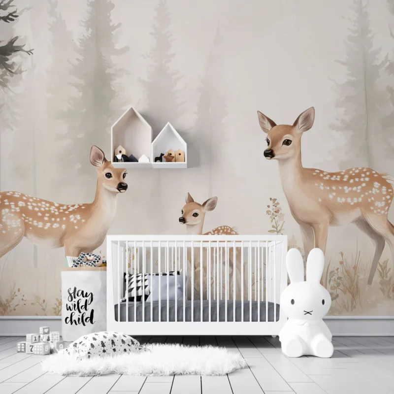 Bon Plan Papier peint chambre enfant Forêt brumeuse et faons