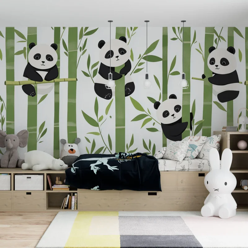 Papier peint chambre bébé Motifs de bambou et pandas mignons Quantité Limitée
