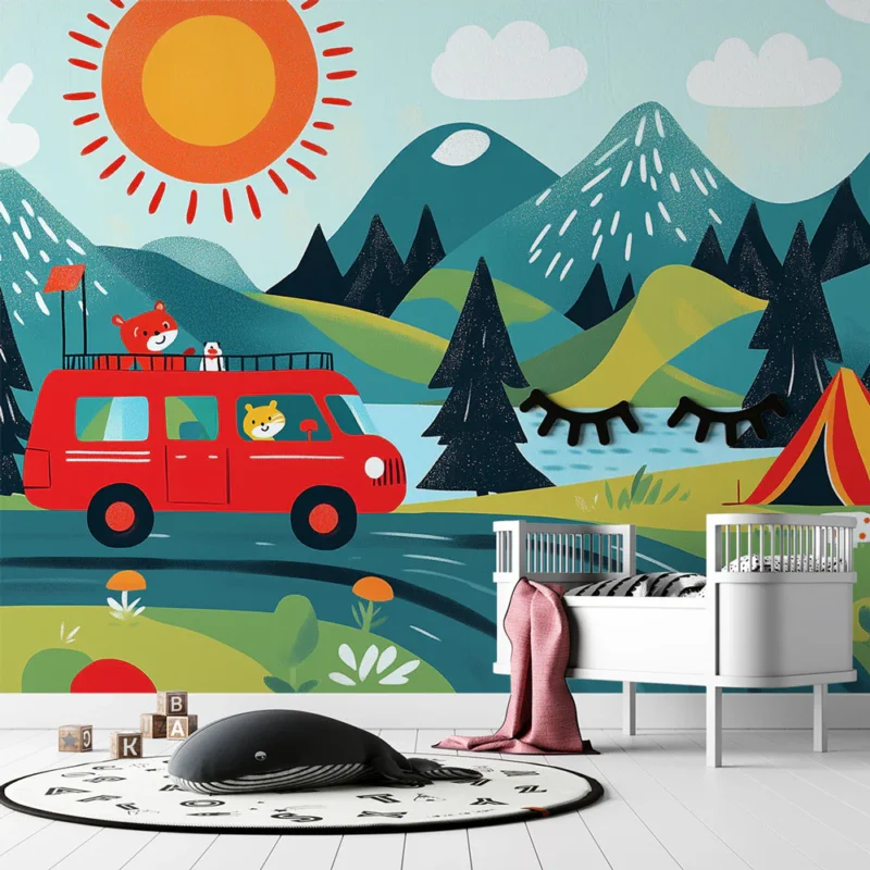 Solde Papier peint chambre bébé Scène de camping en montagne