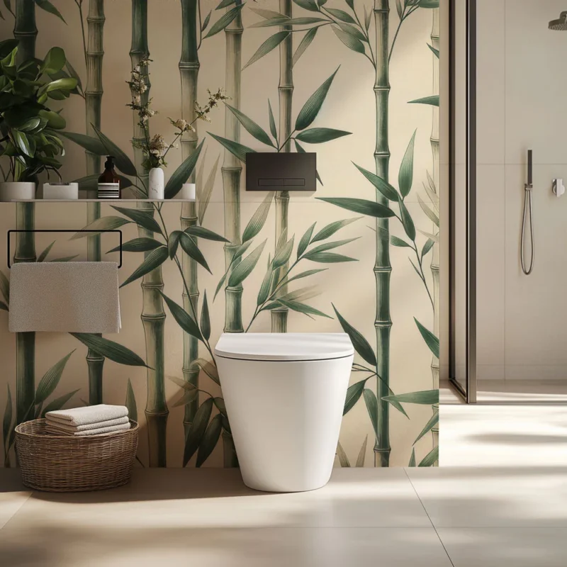 Papier peint toilette Motif de cannes vertes sur fond beige doux Bon Marché