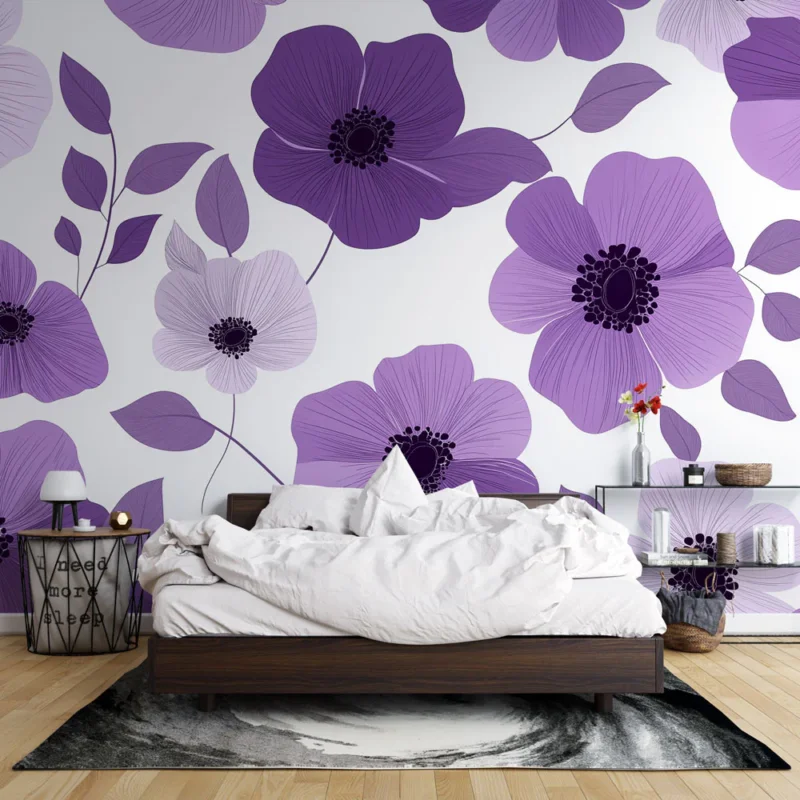 Papier peint grosses fleurs Teintes mauve et fond blanc Offre Exclusive