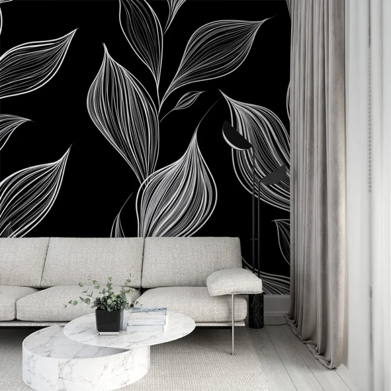 Papier peint feuillage noir et blanc Feuilles au crayon sur fond noir Livraison Express