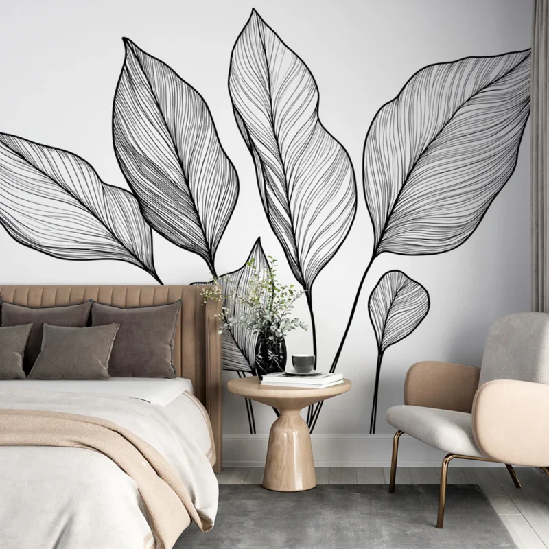 Meilleur Prix Papier peint feuillage noir et blanc Feuilles tropicales minimalistes
