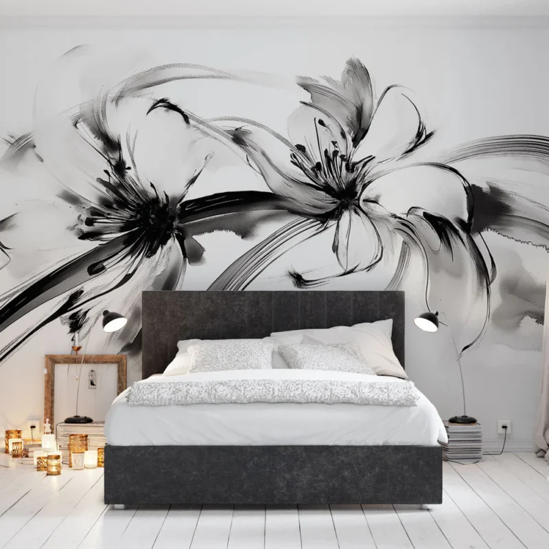 Papier peint feuillage noir et blanc Peinture contemporaine à l‘encre Prix Cassé