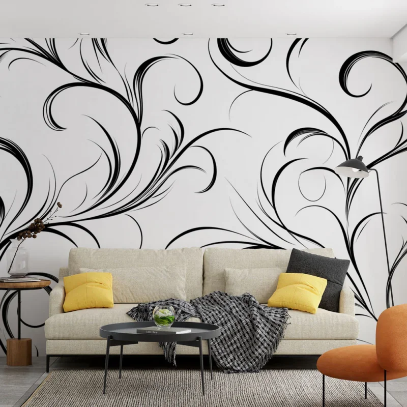 Bon Plan Papier peint feuillage noir et blanc Herbes en motifs ondulés