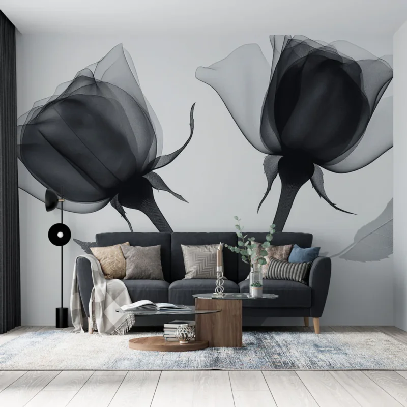 Papier peint fleur noir et blanc Duo de roses Nouvelle Collection