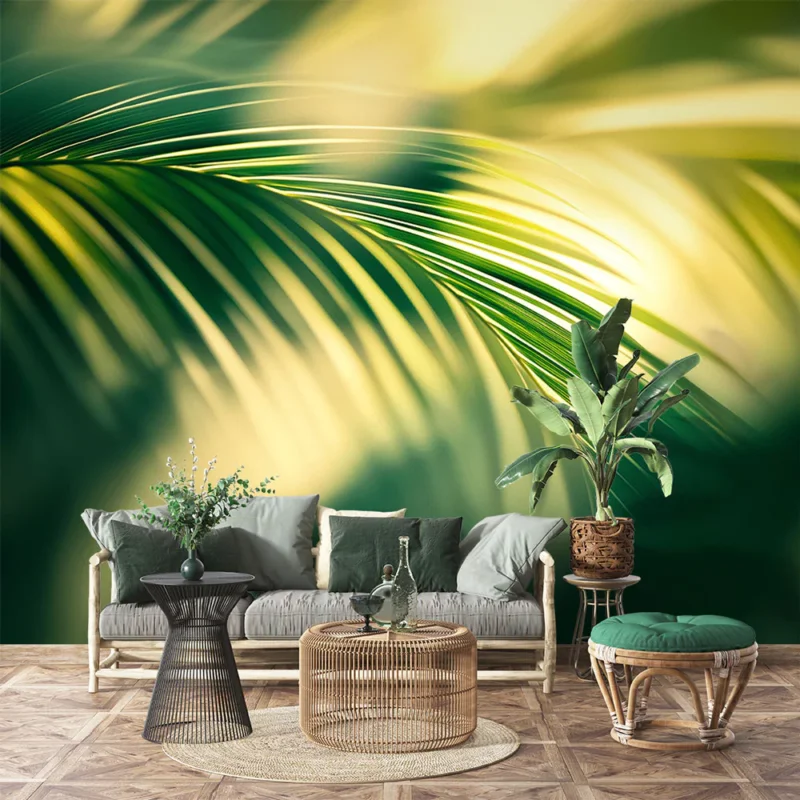 Prix Choc Papier peint feuillage vert Feuille de palmier et lever du soleil en fond