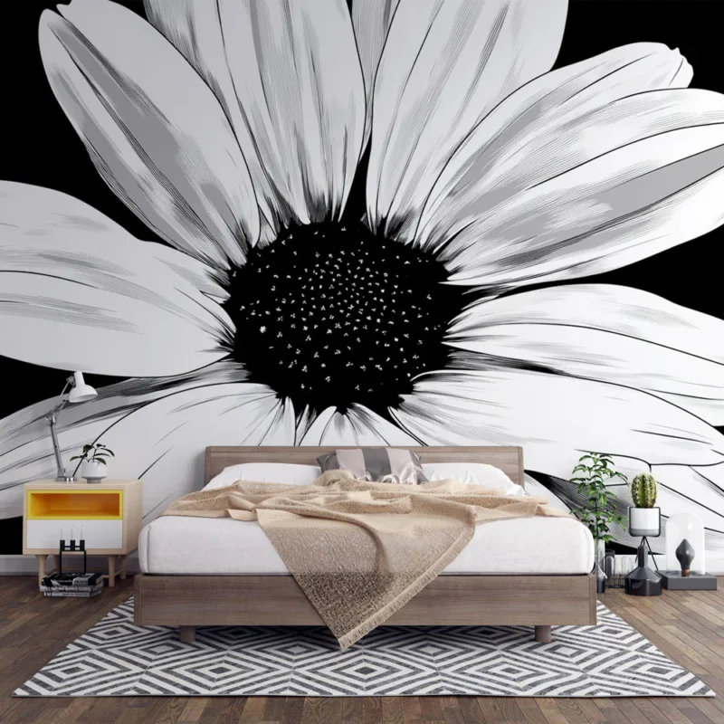Papier peint fleur noir et blanc Marguerite géante Pas Cher