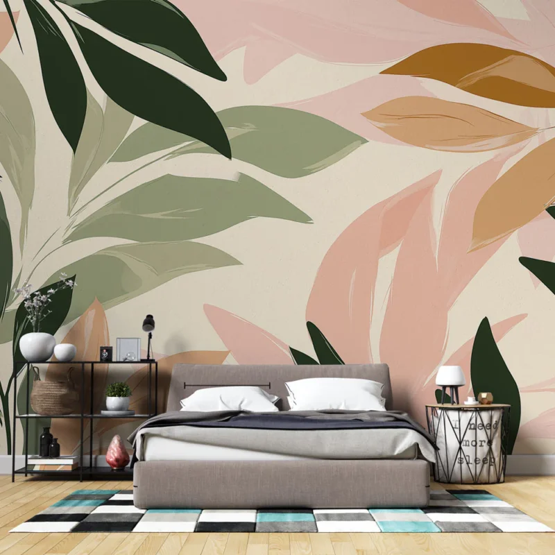 Satisfait Ou Remboursé Papier peint feuillage multicolore Vert rose et marron
