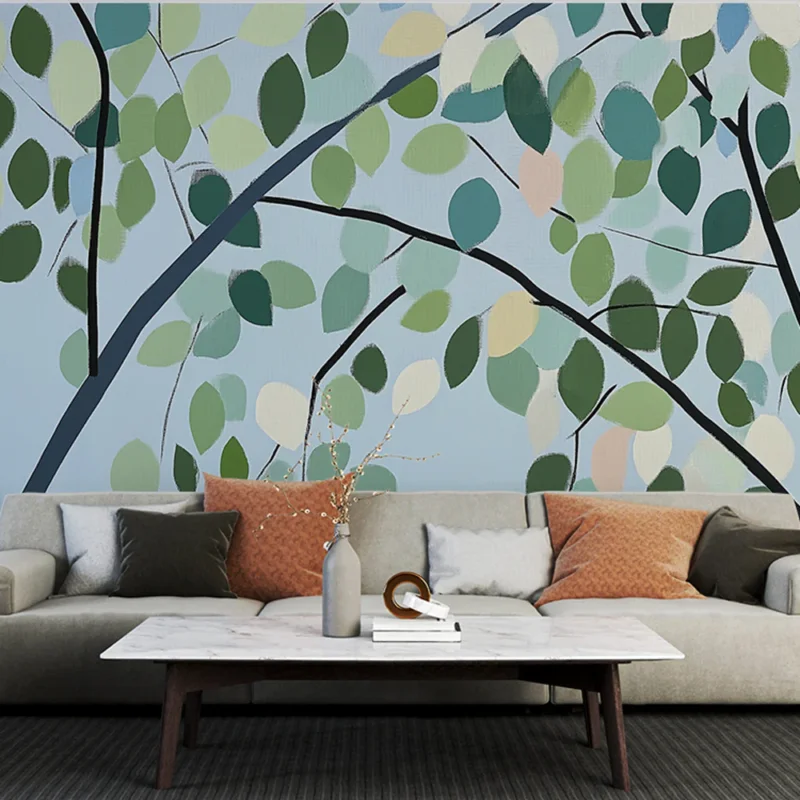 Acheter Direct Papier peint feuillage vert Grandes branches et fond bleu ciel