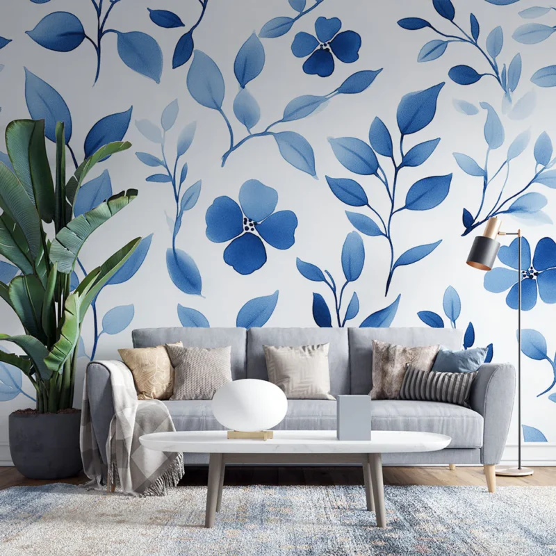 Acheter Direct Papier peint feuillage bleu Motifs de feuilles aquarelle sur fond blanc