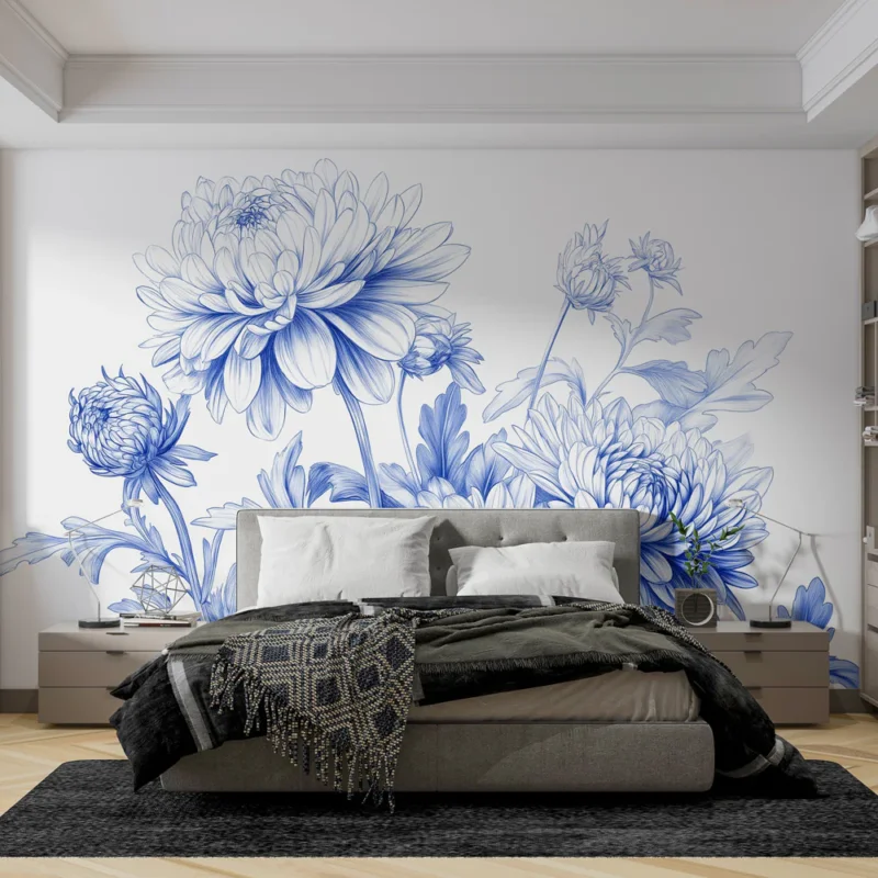 Achat Immédiat Papier peint chrysanthèmes bleus Fleurs détaillées sur fond blanc