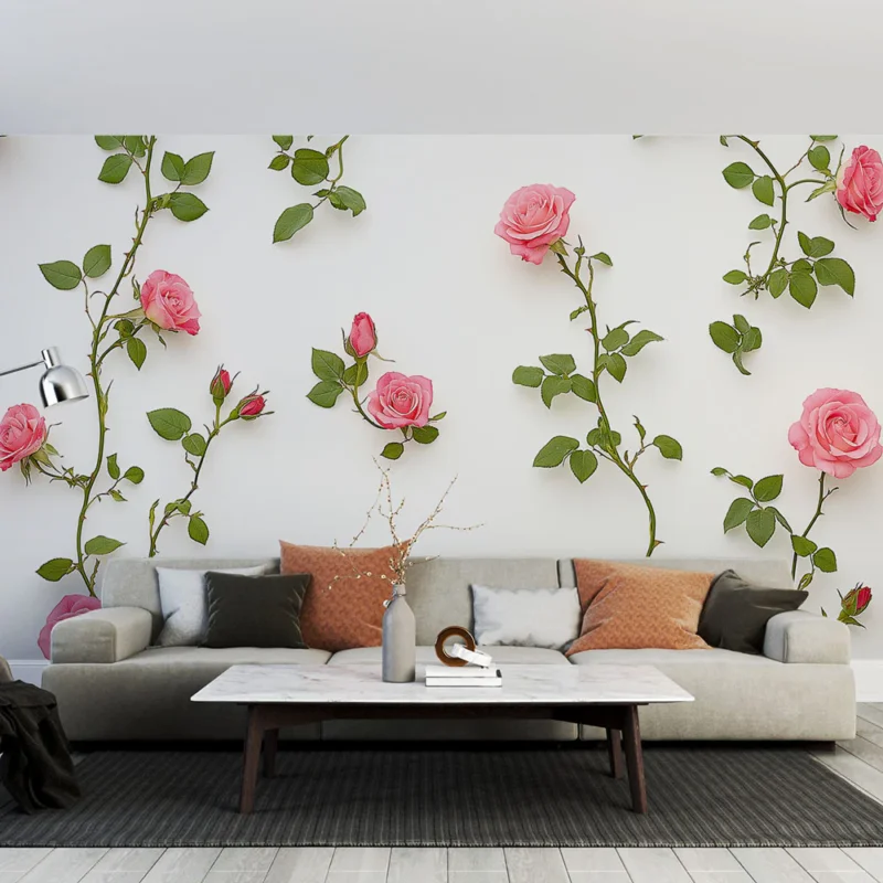 Achat Immédiat Papier peint roses roses Fleurs délicates et feuillage luxuriant