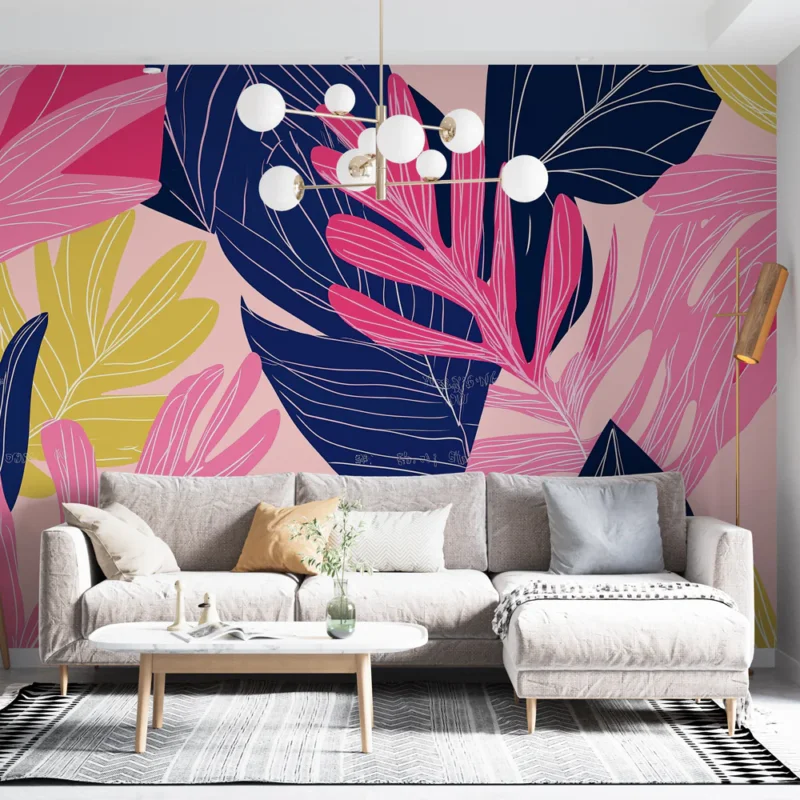 Acheter Direct Papier peint feuillage coloré Grandes feuilles roses et bleues sur fond pastel
