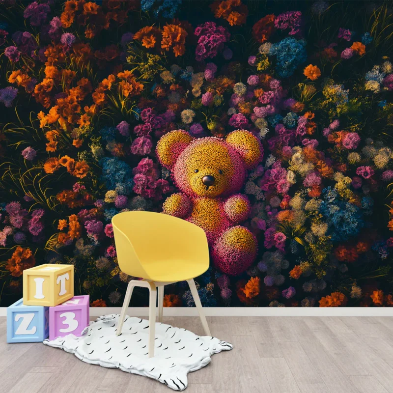 Acheter Direct Papier peint ourson Ours coloré au milieu de fleurs éclatantes