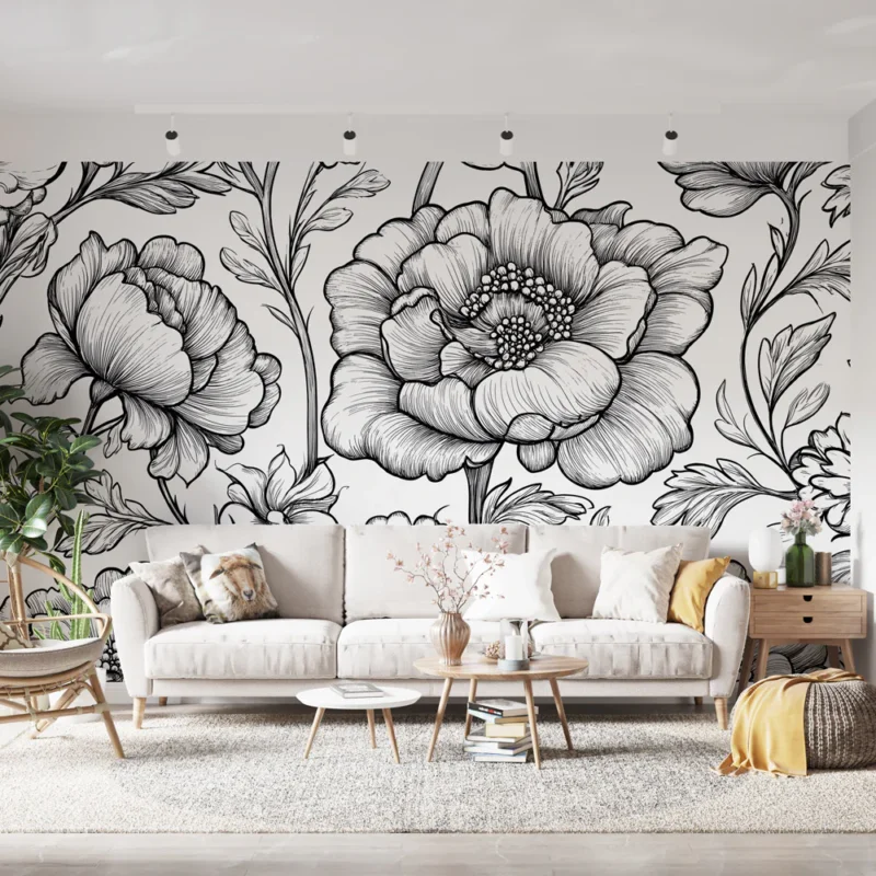 Achat Immédiat Papier peint floral Motif de fleurs délicates en noir et blanc