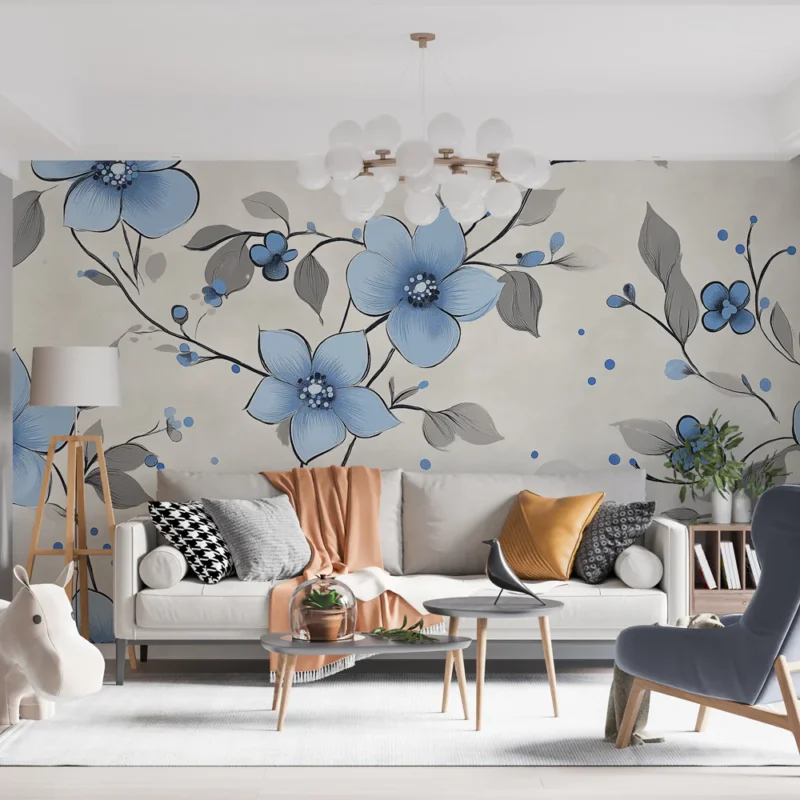 Acheter Direct Papier peint floral Motif de fleurs bleues sur fond clair