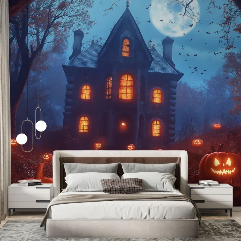 Achat Immédiat Papier peint Halloween Maison hantée et citrouilles lumineuses
