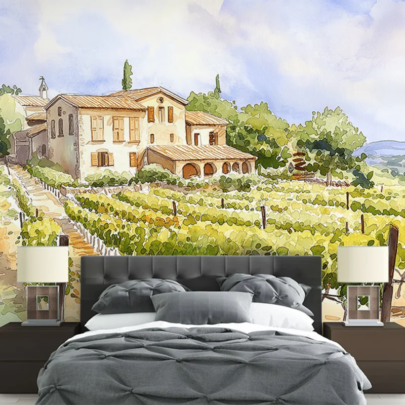 Acheter Direct Papier peint vignoble Paysage de vignes en aquarelle