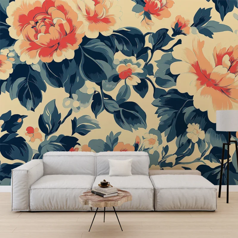 Acheter Direct Papier peint floral Rose et bleu sur fond crème