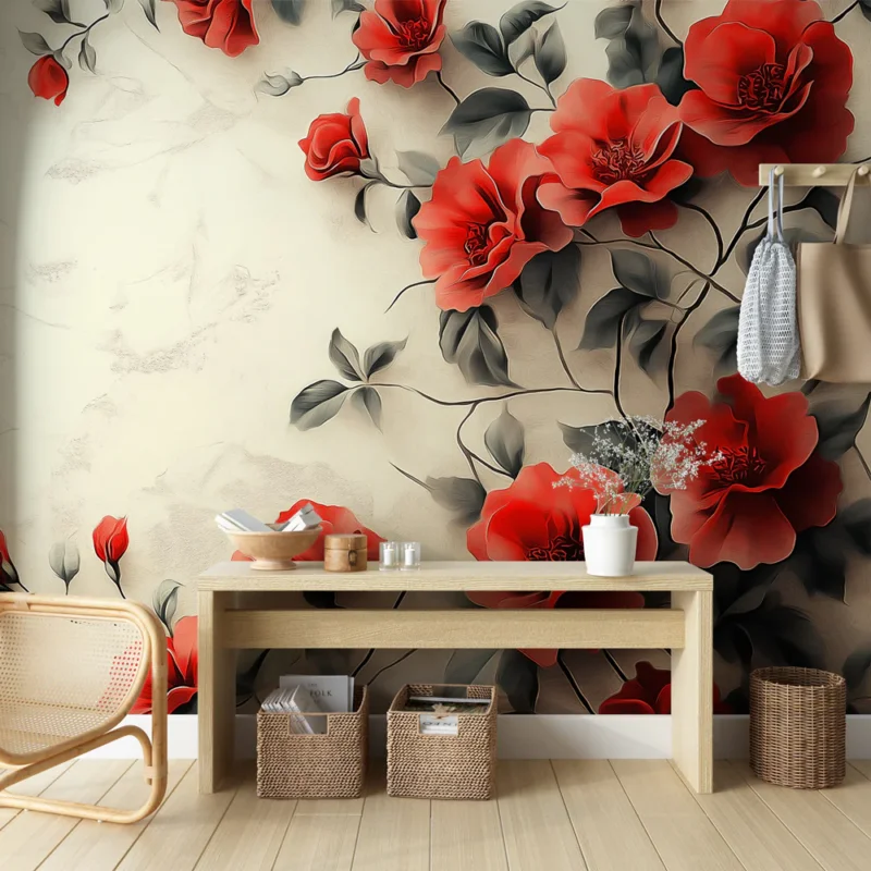 Acheter Direct Papier peint floral Roses rouges sur fond clair