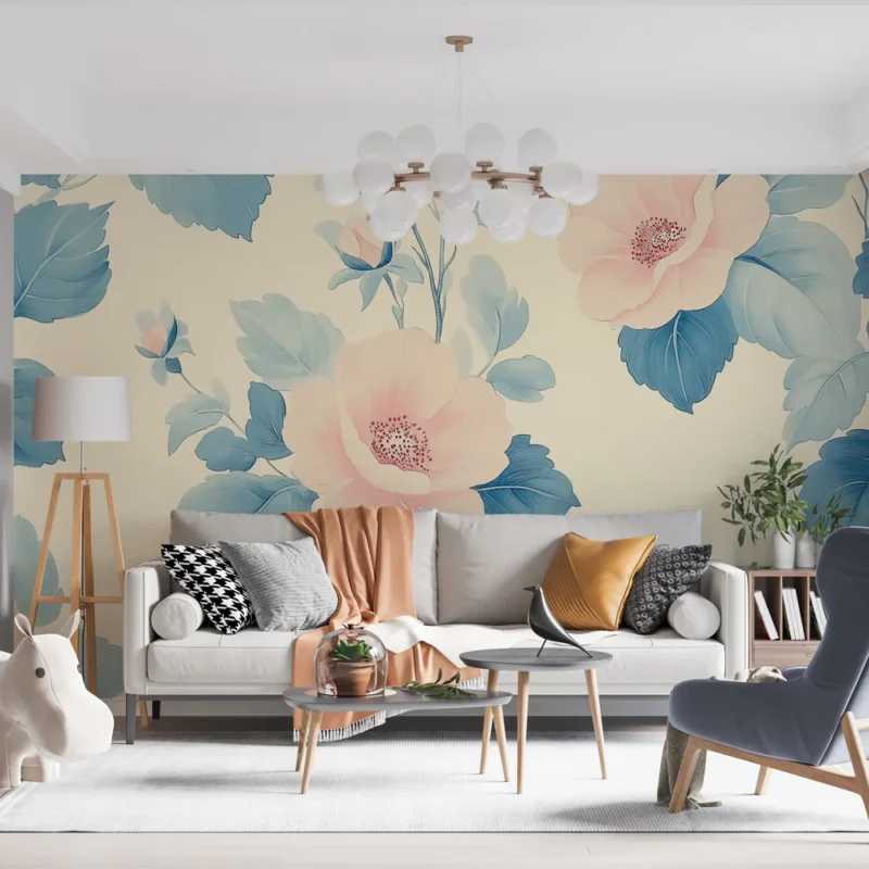 Acheter Direct Papier peint floral Fleurs roses et bleues sur fond clair
