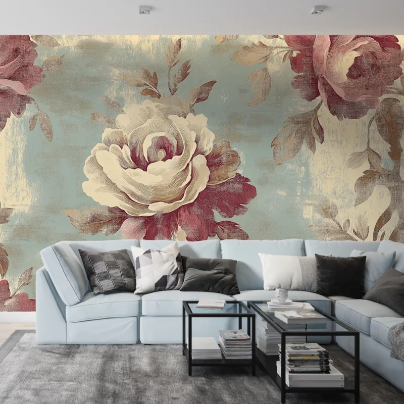 Acheter Direct Papier peint floral Roses Romantiques sur Fond Bleu