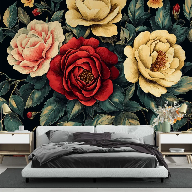 Achat Immédiat Papier peint floral Roses et Fleurs Multicolores sur Fond Noir