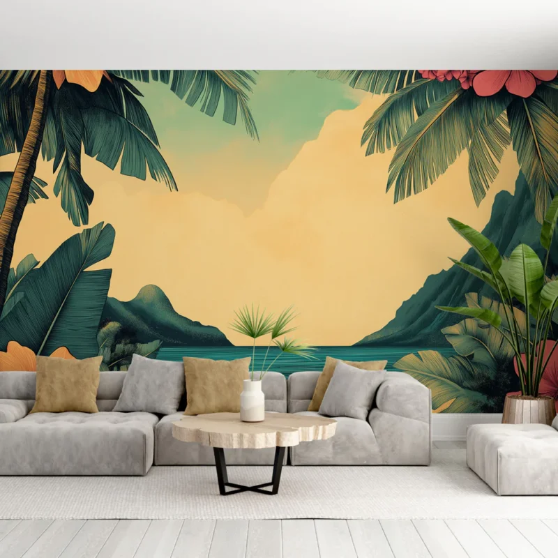 Acheter Direct Papier peint tropical Plage de rêve avec palmiers et fleurs exotiques