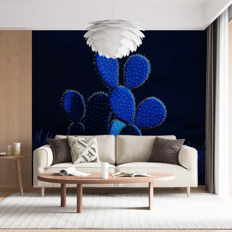 Achat Immédiat Papier peint cactus nocturne Cactus stylisés dans des tons de bleu contre un fond sombre
