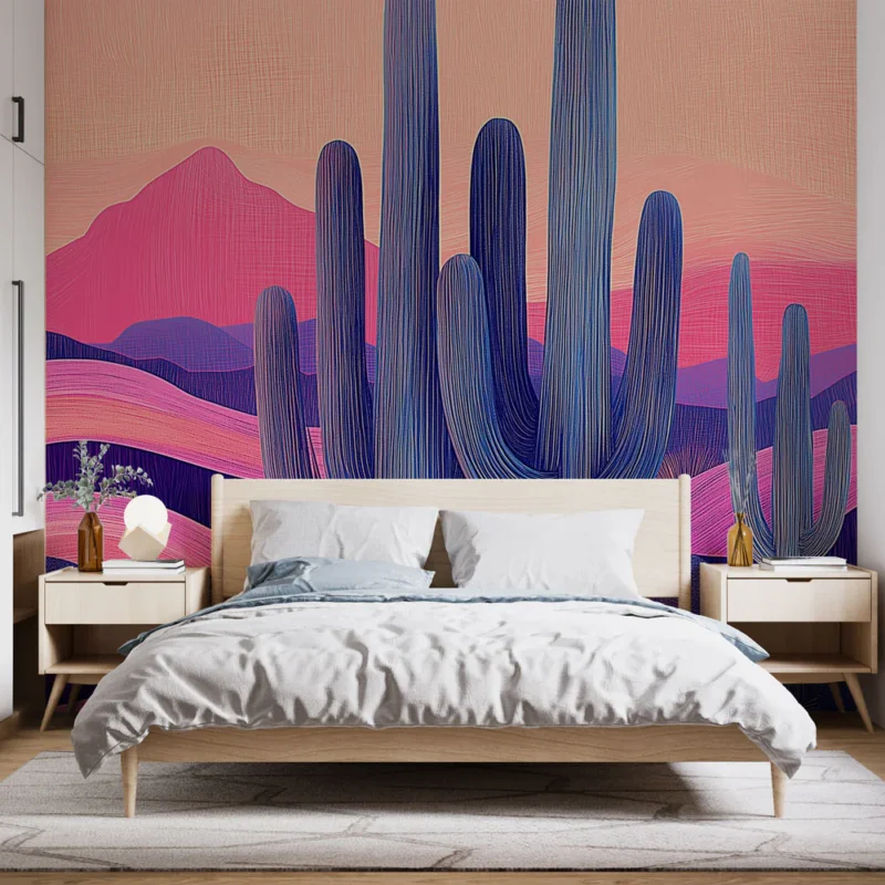 Acheter Direct Papier peint désert coloré Paysage de cactus dans des nuances vibrantes de rose et violet